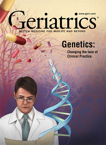 Geriatrics magazine mock up cover highlighting the role genetics, medicine and research have