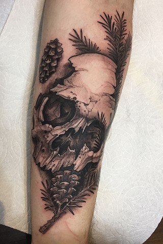 human skull tattoo with pine branches