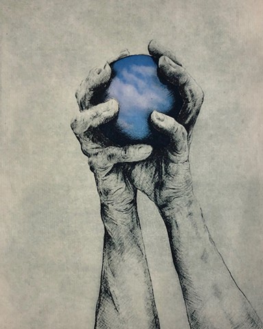 photopolymer etching of hands holding ball