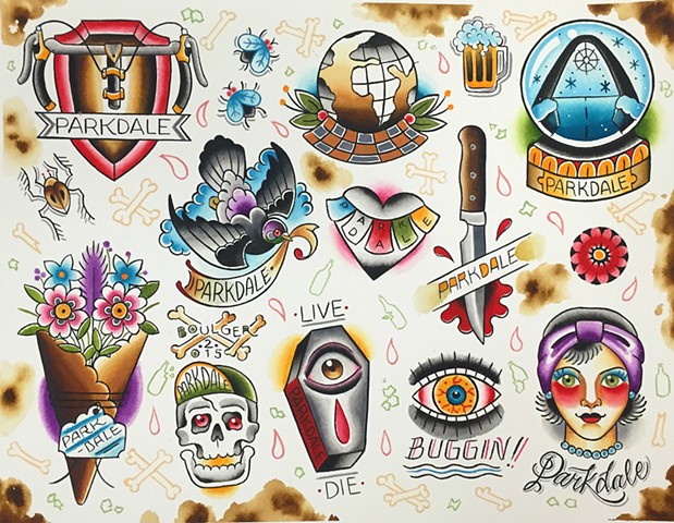 Parkdale Toronto Canada neighbourhood tattoo flash designs featuring pigeon, coffin, skull, globe, knife