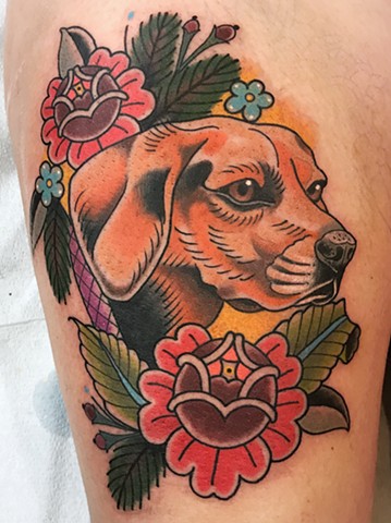 Hound dog pet portrait tattoo made with bright bold colours in a traditional or neotraditional style in Toronto Ontario Canada