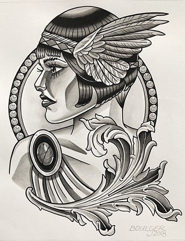 Winged Viking lady head design for tattooing