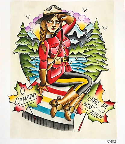 RCMP Canadiana watercolour painting of mountains and scenic background in a traditional tattoo style painted in Toronto