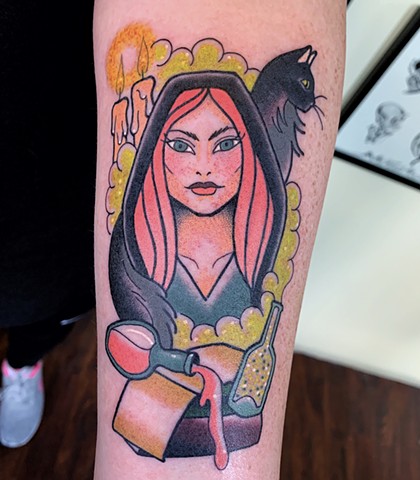 Spooky creepy traditional or neo-traditional tattoo with black cat and lady face feminine style made in Toronto Ontario by Jenny Boulger