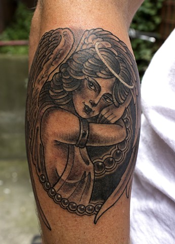 Pretty angel tattoo with pearls in black and grey traditional style, made in Toronto