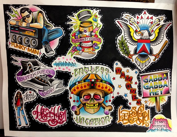 Ramones traditional tattoo flash designs featuring Gabba Gabba Hey, Hey Ho Let's Go, Blitzkrieg Bop. Painted in Toronto