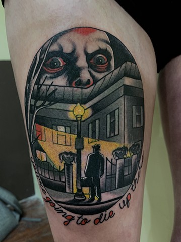 A bold dark traditional tattoo of a scene from The Exorcist horror movie featuring Pazuzu made in Toronto Ontario Canada