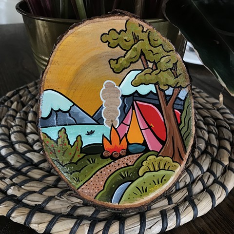 Camp mountain lake scene with tent and fire in nature tattoo style