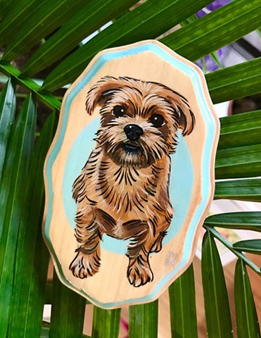 Commission dog portrait painted on wood 