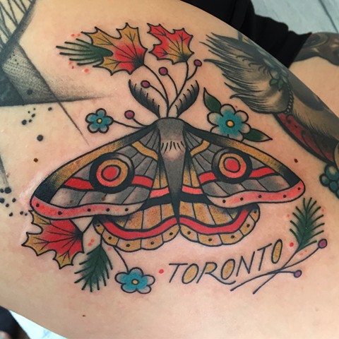 Muted colour moth tattoo with maple leaf made in traditional tattoo style in Toronto Ontario Canada 
