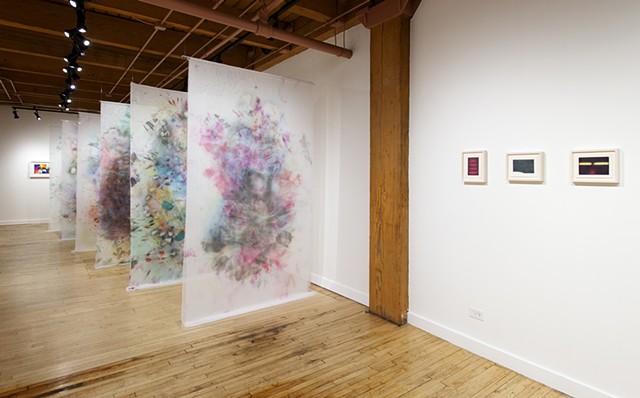 Rebuilding the Present, Installation View 1 (photo by Paal Williams, paintings and framed drawings by Cameron Harvey) at Weinberg Newton Gallery