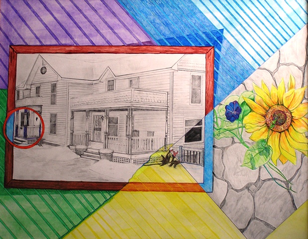 mulit-media drawing, house, home, family