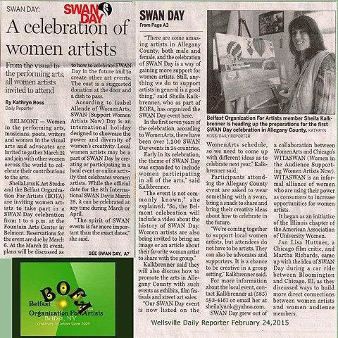 Women Arts, Support Women Artists Now, SWAN Day, Wellsville Daily Reporter, Allegany County NY
