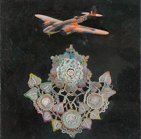 bomber aircraft, ww2, british aircraft, guipure lace, intricate, wax, encaustic, war and peace