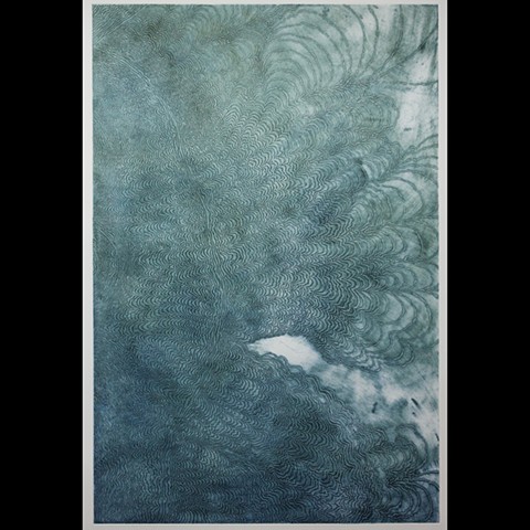single layer etching made with hand ground blue earth pigment