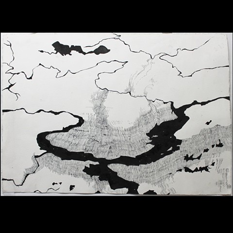 sumi ink drawing of an abstracted river landscape