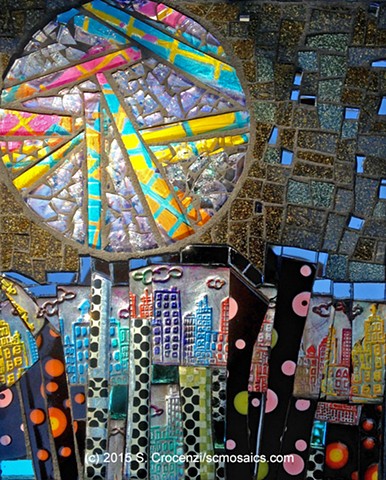 mixed-media mosaic made of handmade polymer clay tile, ceramic, tempered glass mosaic, textured, and regular glass, and mirror
