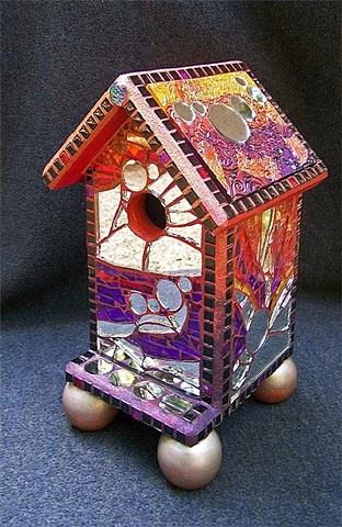 tempered glass mosaic, polymer clay mosaic, mirror, mosaic birdhouse