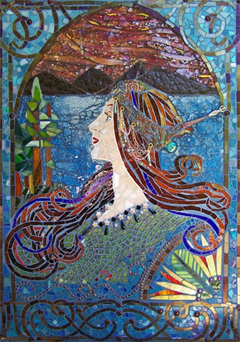 tempered glass mosaic, alphonse mucha, stained glass mosaic, polymer clay