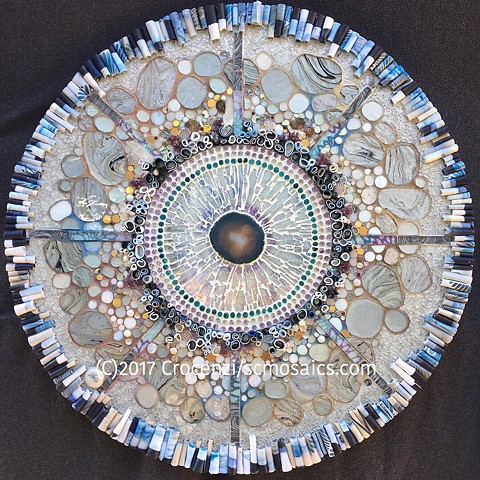 Mixed-media mosaic with polymer clay tiles, tempered glass mosaic, glass, crystals, amethyst, 24k smalti