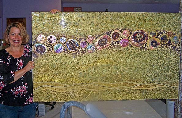 Tempered glass mosaic, hand-made polymer clay tiles, amethyst, glass, etc