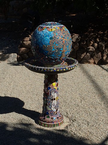 glass mosaic pedestal, birdbath, and globe garden mosaic commission 