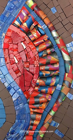 mosaic with polymer clay tile-tubes, glass, smalti, and unglazed porcelain