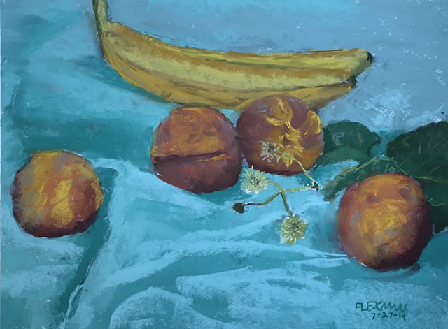 Still life with bananas and peaches
