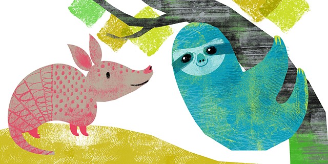 children's book illustration armadillo sloth tree grass