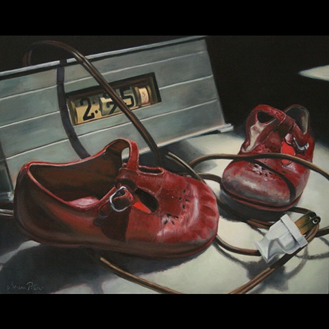 Still life of Old clock and red shoes, original oil painting, 