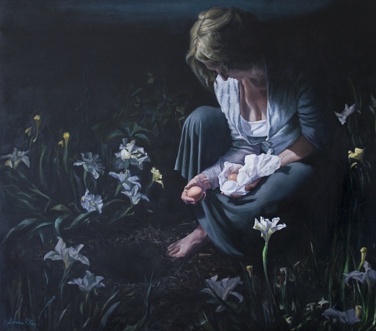 original oil painting, woman in garden, eggs