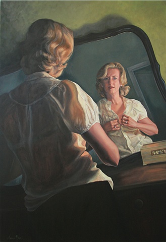 Original oil painting, film noir mirror portrait
