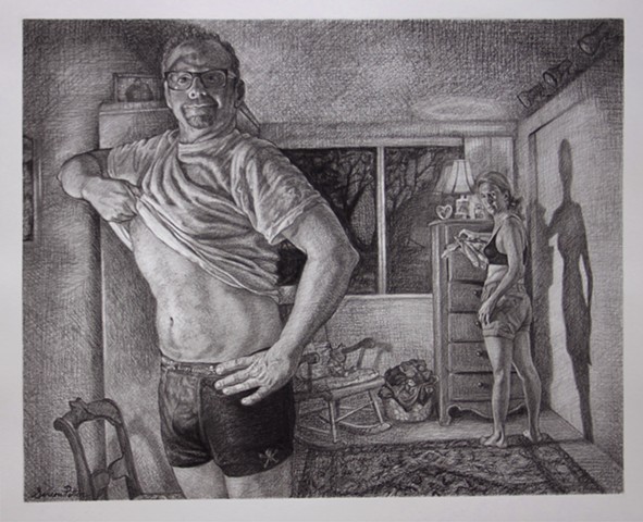man looking at stomach, weight loss, figurative drawing, woman looking at man, bedroom