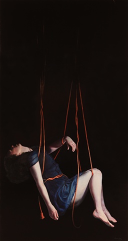 Original Oil Painting, figure suspended in electrical cords