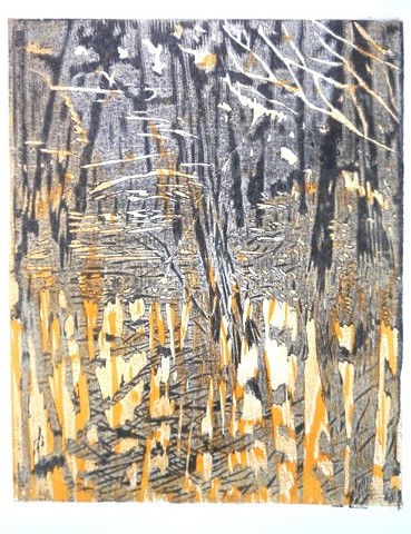 Handpulled print from woodcut/monotype with chine colle.