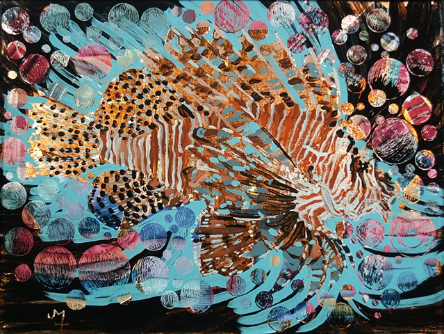 verre églomisé, gilded glass, reverse painting, hand-gilded, hand-painted, "Lion Fish" by Jan Maitland, Framed, Home Decor, Wall Art