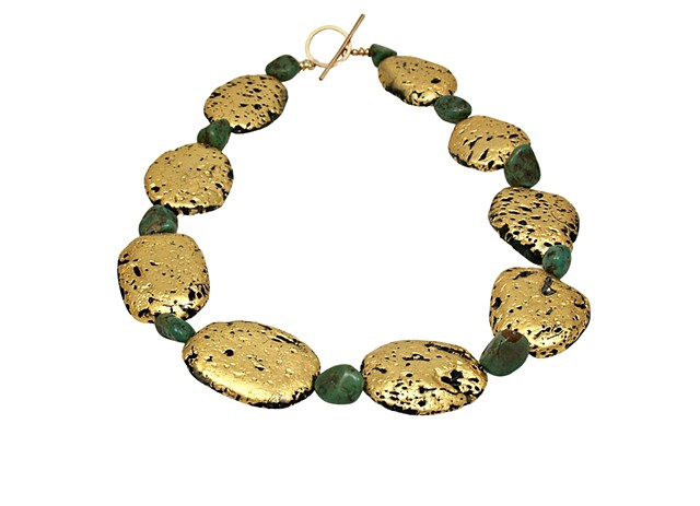 Turquoise Summer Green Turquoise and Gold Necklace, Jan Maitland Jewelry, gilded jewelry, Fine Jewelry, 23K Gold Leaf on stone, gold Necklace, wearable art, gilded, pumice stone, lava stone, Precious Metal Leaf, green turquoise and gold necklace, gold gil