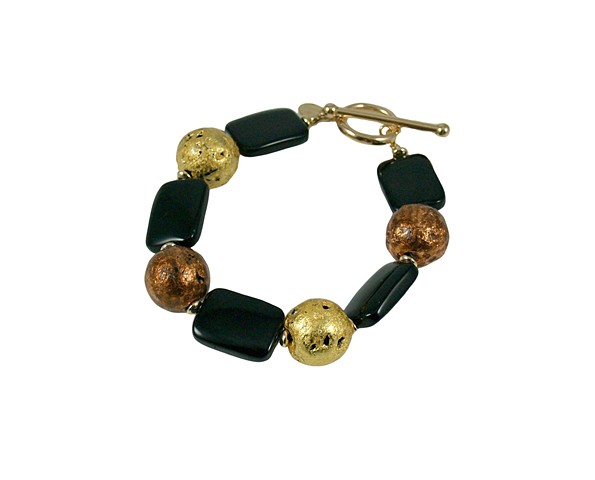 Dot-Dash-Dot Onyx Gold and Copper Bracelet, Gold, Copper, onyx, Bracelet in 23-Karat Gold and Copper Leaf on Stone, Onyx