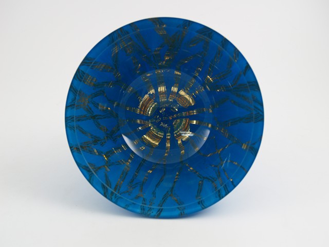 eglomise, Reverse painting on glass, gilded glass bowl, "Jellyfish"glass bowl, Jan Maitland, 23-Karat Gold Leaf, blue and gold glass bowl, home decor glass art, janmaitland.com