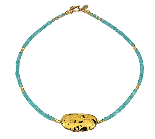 Mar Azul Blue Apatite and Gold Necklace, Fine Jewelry, Jan Maitland,“Mar Azul” Necklace in 23-Karat Gold Leaf on Lava Stone, Apatite, and 24-Karat over Pyrite
