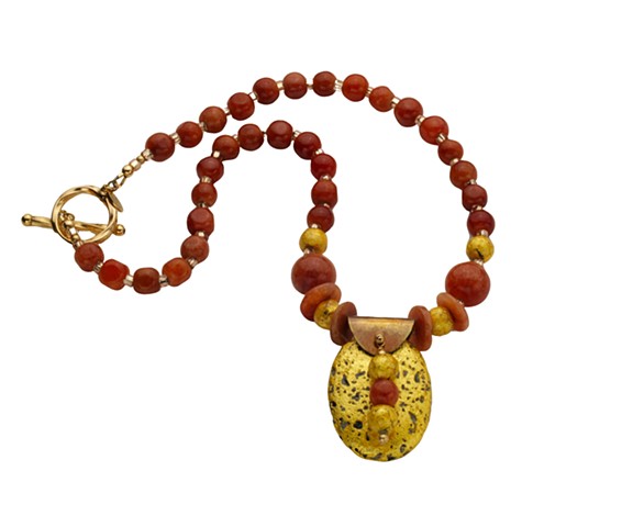 Red Jade and Gilded Gold Necklace, Jade Necklace, Jade and Gold, Red Jade, Gilded Jewelry, 23 Karat Gold Leaf Gold Leaf on stone, jade pendent, gold pendent, round jade beads, toggle clasp, 17 inches, Brown Jade, janmaitland.com, artist Jan Maitland