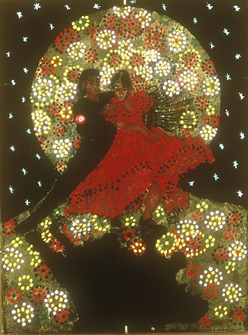 verre églomisé, gilded glass, reverse painting, hand-gilded, hand-painted, "Flamenco Dancers" by Jan Maitland, Framed, Home Decor, Wall Art