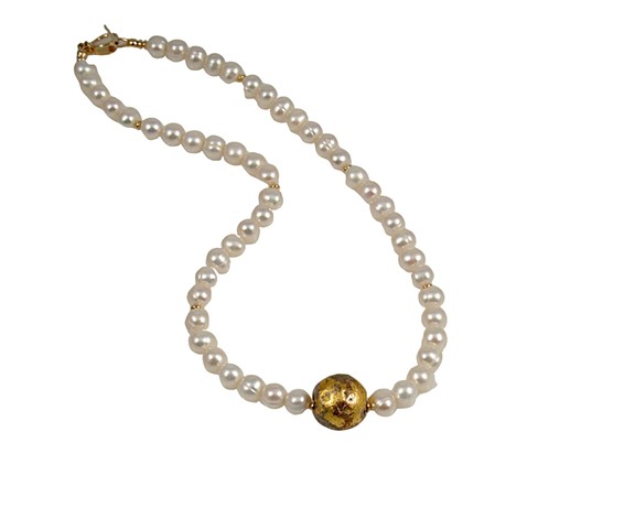 I Do Pearl and Gold Necklace, gold, freshwater pearls, "I Do" Necklace in 23-Karat Gold Leaf and Freshwater Pearls