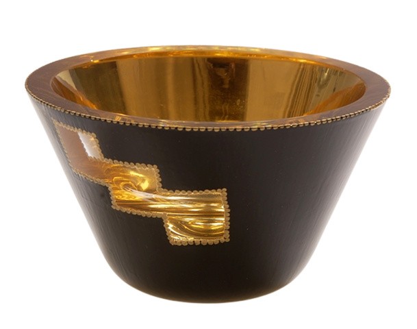 eglomise, églomisé, Reverse painting on glass, gilded gold leaf, gold leaf on glass, "Tiered Peek-A-Boo" glass bowl by Jan Maitland, 23K Gold Leaf,  verre églomisé, gold and black glass bowl, home decor, janmaitland.com