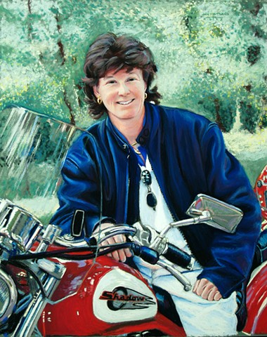 Portrait of woman on motorcycle, commissioned portrait, jan maitland pastel artist, oregon pastel artist