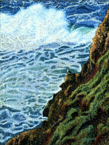 Ocean Scene Seascape, Giclee Print, Pastel Painting by jan maitland, Seagull on cliff Rock with Blue Coastal waves, Northwest Pacific Ocean, Oregon artist Jan Maitland, Fine Art Print, Waves ocean, janmaitland.com