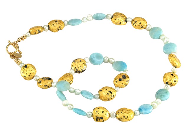 Beloved Blue Larimar and Gold Necklace, necklace in gold and larimar, gilded jewelry, 23 karat gold leaf on lava stone, gilde gold, Oregon artist, Jan Maitland jewelry designs