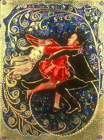 verre églomisé, gilded glass, reverse painting, hand-gilded, hand-painted, "Dancers' Spin" by Jan Maitland, Framed, Home Decor, Wall Art
