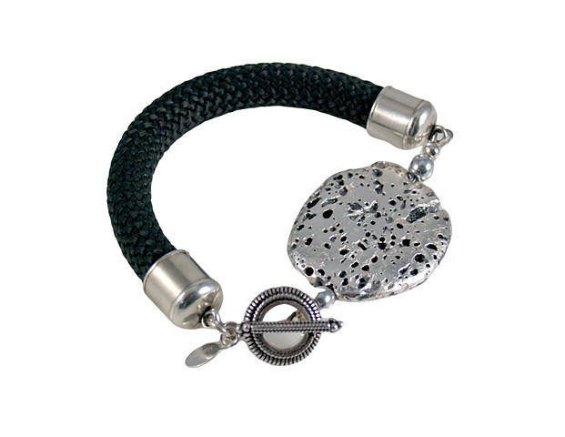 “Silver Volcano”  Men’s Bracelet in Sterling Silver Leaf over Lava Stone and Charcoal Grey Braided Cord