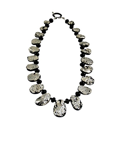 In the Moonlight Onyx and White Gold Gilded Tektite Necklace, gilded jewelry, gilded white gold on tektite necklace, white gold and black tektite necklace, statement necklace, jan maitland jewelry,